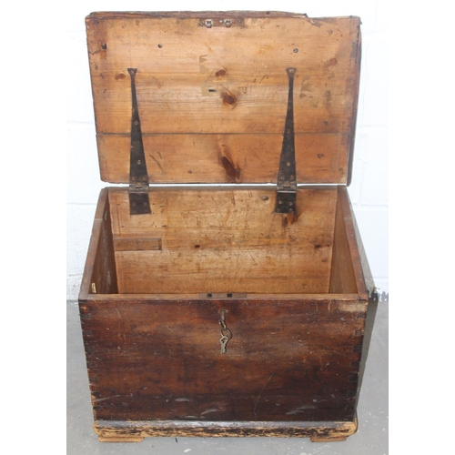 128 - Antique stained pine wooden strong-box with key present