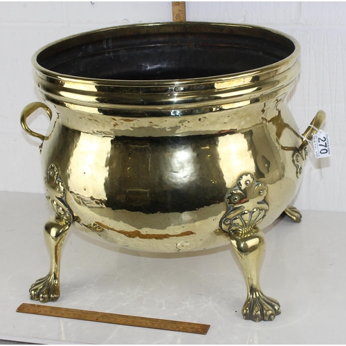 270 - Large and impressive 19th Century brass coal-bucket with lion-paw feet and decorative handles