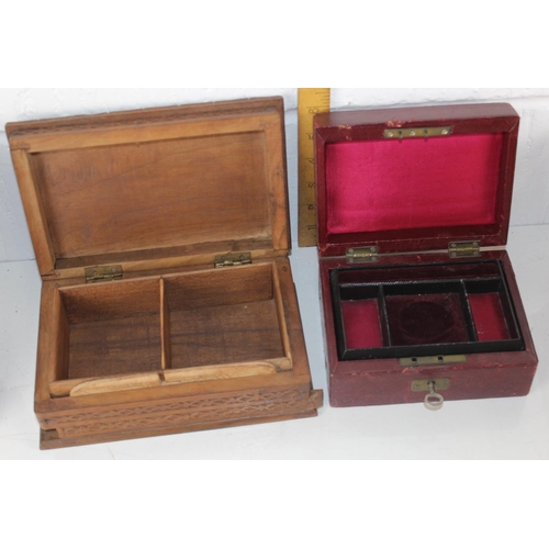 271 - Qty of vintage boxes and tins to incl. carved wooden puzzle box and Victorian leather jewellery box