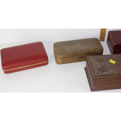 271 - Qty of vintage boxes and tins to incl. carved wooden puzzle box and Victorian leather jewellery box