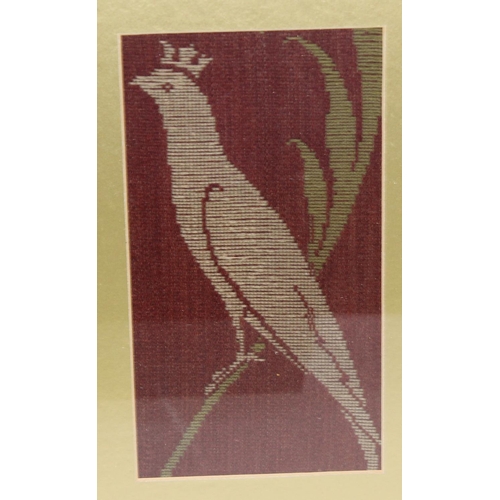 331 - 3 vintage gilt framed tapestry panels of birds and an early 20th century needlework sampler