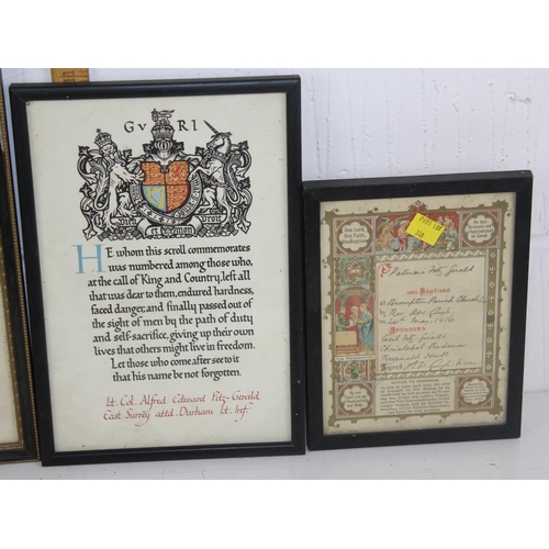 338 - Qty of antique a later prints to include a WW1 memorial scroll