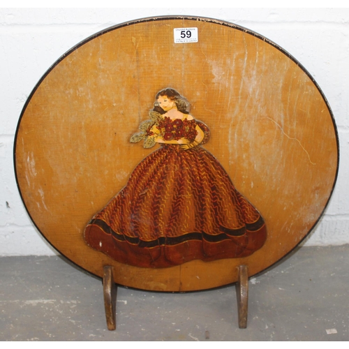 59 - An unusual Art Deco period fire screen decorated with a Crinoline lady and a pair of vintage wooden ... 