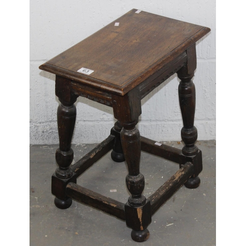 63 - 17th century & later oak coffin or joint stool with carved frieze