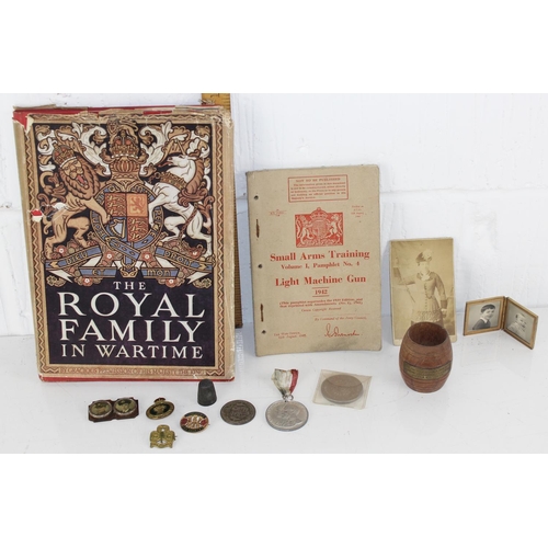 1001 - Qty of various militaria to inc badges and other Objet Trouve to inc silver thimble and coin etc