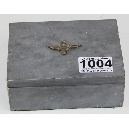 1004 - A WW2 period grey stone cigarette box bearing Paratroopers badge