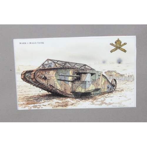 1022 - Set of 6 framed illustrated postcards of WWI British Army vehicles after Military Artist – Peter Sar... 