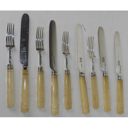 1102 - 5 x Silver bladed fruit knives and 4 x silver fruit forks. Various dates and makers, all 19th Centur... 