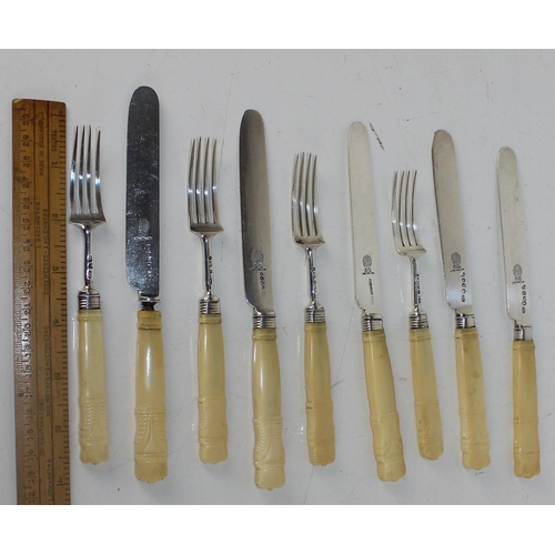 1102 - 5 x Silver bladed fruit knives and 4 x silver fruit forks. Various dates and makers, all 19th Centur... 