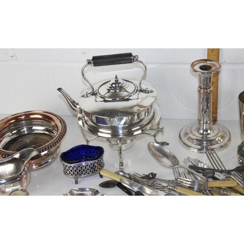 1104 - Qty of assorted silver-plate, white-metal and other metal-ware items to incl. a spirit kettle