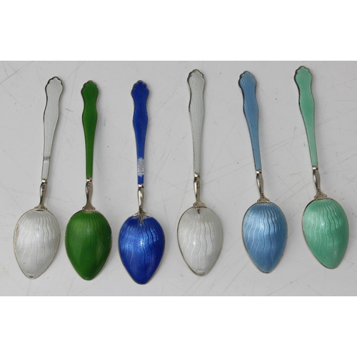 1113 - A set of 6 Art Deco period silver and enamel coffee spoons marked Sterling