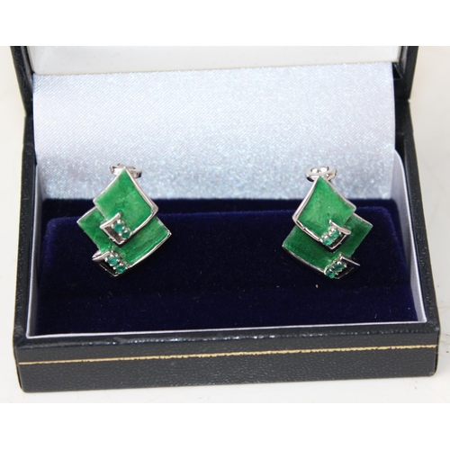 1208 - A pair of Art Deco style green enamel earrings marked 925