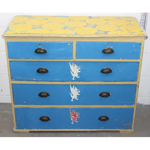 122 - A Victorian pine chest of drawers with later painted decorations