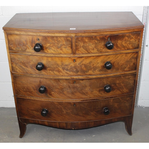 124 - A Victorian bow-fronted 2 over 3 mahogany chest of drawers with ebonised handles. Has been 'cottaged... 