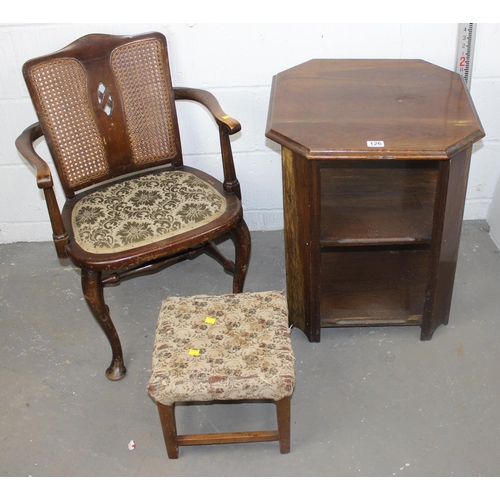 126 - Art Deco period octagonal table, Bergere-backed arm chair and footstool