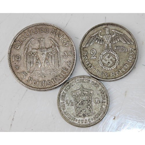 1308 - 3rd Reich & Dutch coins - 5 Reichmarks 1935. 2 Reichmarks 1937 & 1/2 Guilder 1921