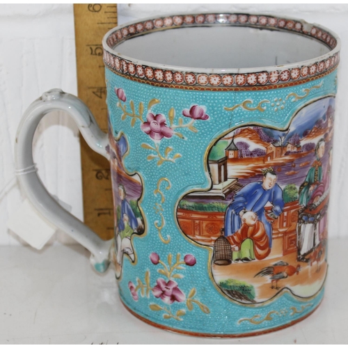 1600 - An unusual 18th/ 19th century large Chinese export porcelain tankard with polychrome decoration on a... 