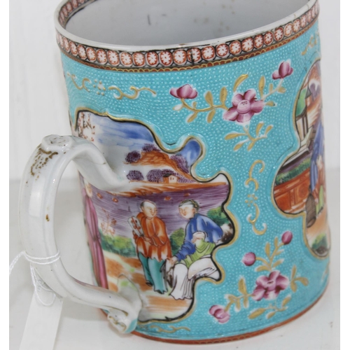 1600 - An unusual 18th/ 19th century large Chinese export porcelain tankard with polychrome decoration on a... 