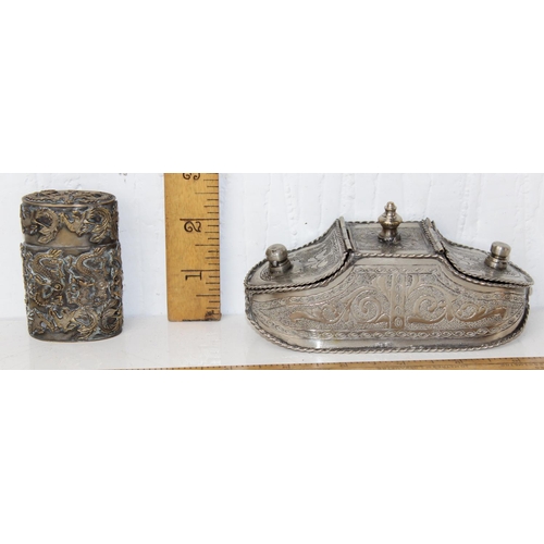 1621 - Silver plated embossed dual sectioned snuff/spice box with wire work border, a set of opium scales a... 