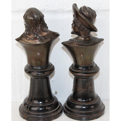 1622 - Pair of miniature Continental bronzed busts on turned wooden plinths