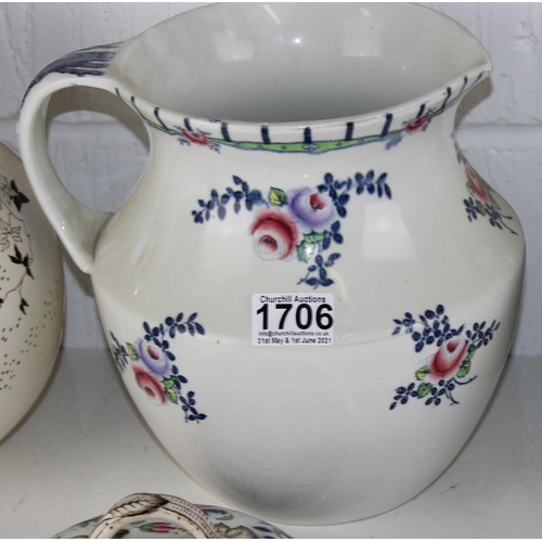 1706 - 3 x antique pottery jugs, 1 with wash-bowl by Foley etc.