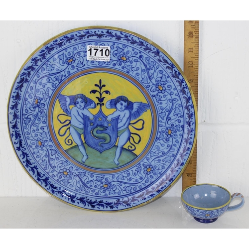 1710 - 20th Century Faience charger and small cup in the 15th Century-style. Marked verso.