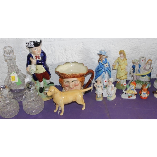 1755 - A large qty of assorted glass and ceramics to inc Beswick Labrador, Spode figures and crystal decant... 