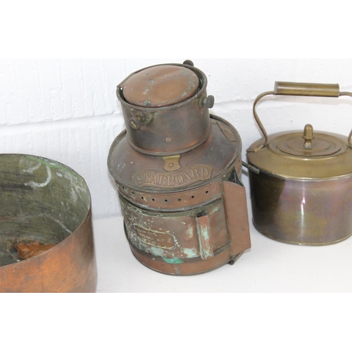 1775 - 2 antique copper saucepans, a copper kettle and a Pascall Atkey of Cowes Starboard Lamp