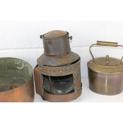 1775 - 2 antique copper saucepans, a copper kettle and a Pascall Atkey of Cowes Starboard Lamp