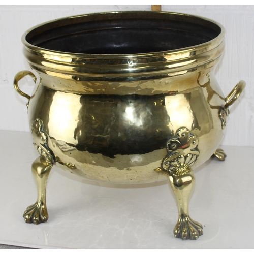 270 - Large and impressive 19th Century brass coal-bucket with lion-paw feet and decorative handles