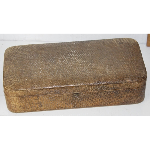 271 - Qty of vintage boxes and tins to incl. carved wooden puzzle box and Victorian leather jewellery box