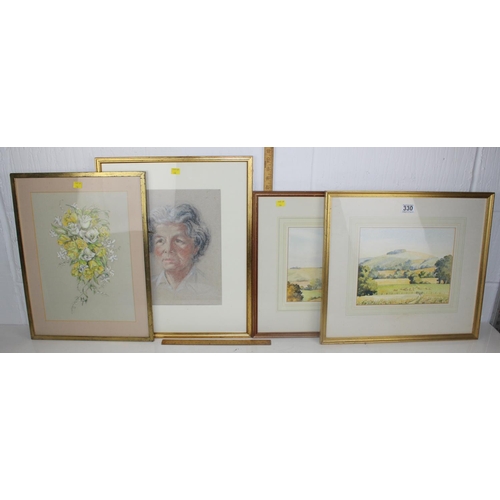 330 - 2 pastel pictures and 2 watercolours by M.H. Nichol