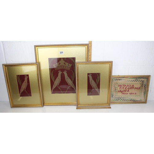 331 - 3 vintage gilt framed tapestry panels of birds and an early 20th century needlework sampler