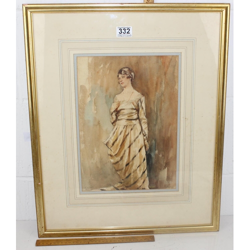 332 - An Art Deco period watercolour of a lady indistinctly signed in pencil lower left