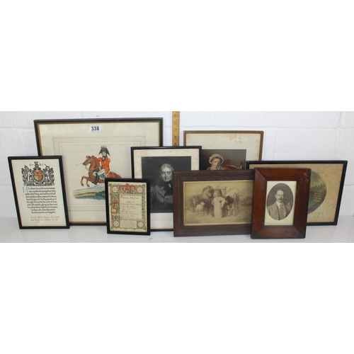 338 - Qty of antique a later prints to include a WW1 memorial scroll