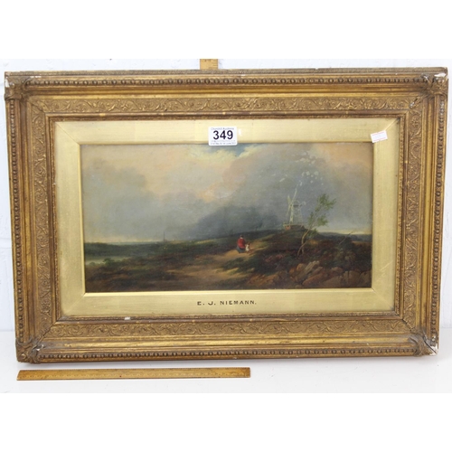 349 - E.J. Neimann (XIX) - Oil on canvas of figures on a path near a windmill. In original gilt frame