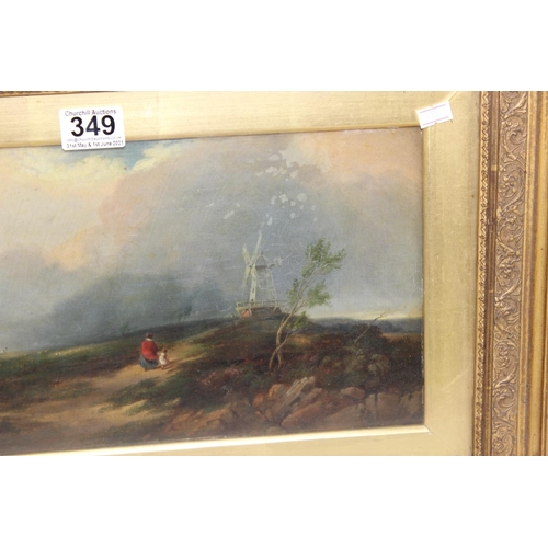 349 - E.J. Neimann (XIX) - Oil on canvas of figures on a path near a windmill. In original gilt frame