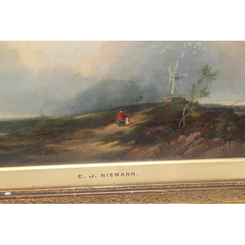 349 - E.J. Neimann (XIX) - Oil on canvas of figures on a path near a windmill. In original gilt frame