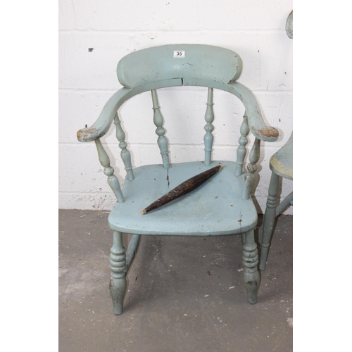 35 - Antique smokers bow chair and a stick back chair - both with later painting