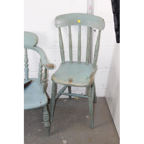 35 - Antique smokers bow chair and a stick back chair - both with later painting