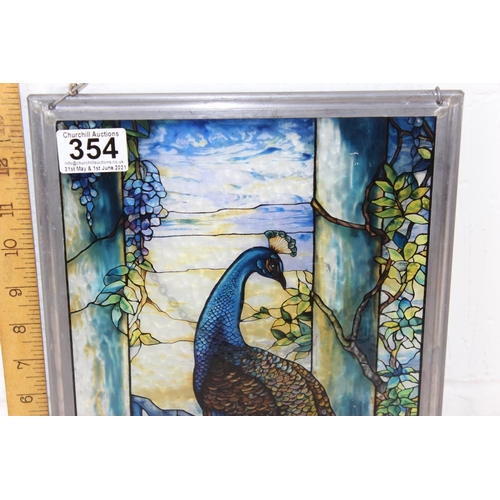 354 - Vintage painted glass panel depicting a peacock