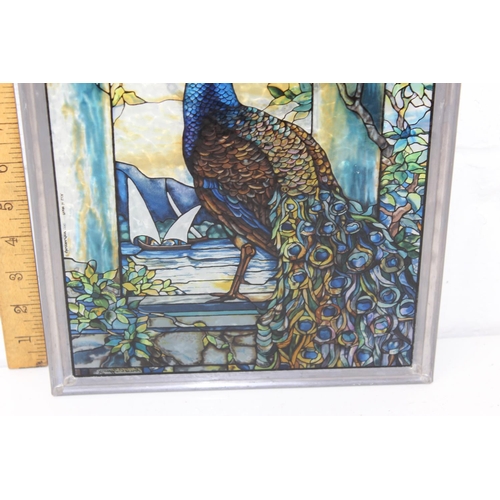 354 - Vintage painted glass panel depicting a peacock