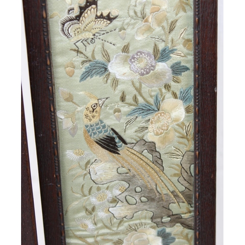 358 - A pair of framed antique/ vintage Japanese embroidery panels decorated with birds and flowers, belie... 