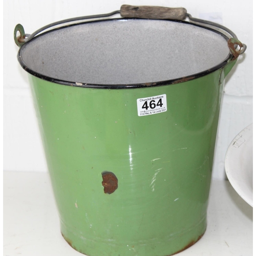 464 - Vintage enamel bucket, toleware painted milk bucket and an enamel bowl