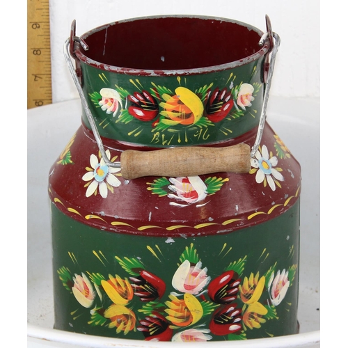 464 - Vintage enamel bucket, toleware painted milk bucket and an enamel bowl