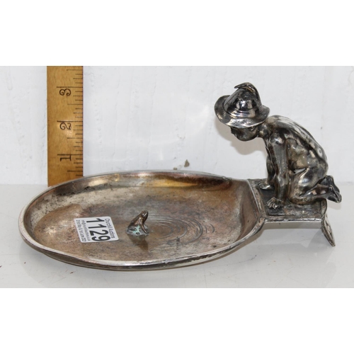 1129 - In the manner of WMF - A vintage silver plated boy looking at frog in pond bowl, unmarked but for nu... 