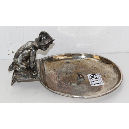 1129 - In the manner of WMF - A vintage silver plated boy looking at frog in pond bowl, unmarked but for nu... 