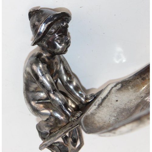 1129 - In the manner of WMF - A vintage silver plated boy looking at frog in pond bowl, unmarked but for nu... 