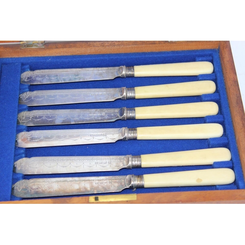 1135 - 2 boxed sets/ part sets of fish knives and forks in mahogany boxes, some silver handled