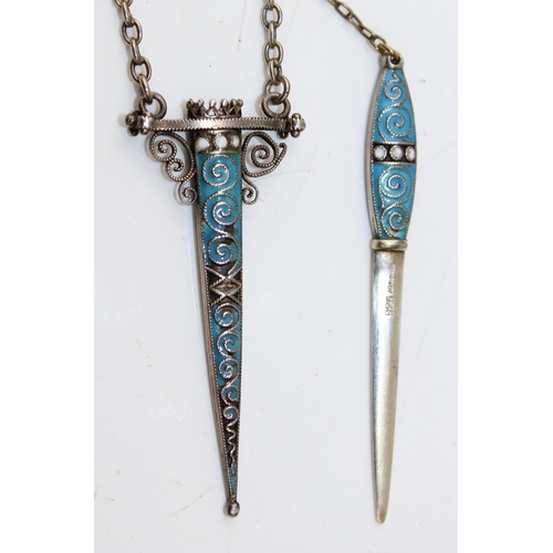 1215 - A Russian style white metal and enamel dagger in sheath, the blade marked 925. Believed to be Norweg... 